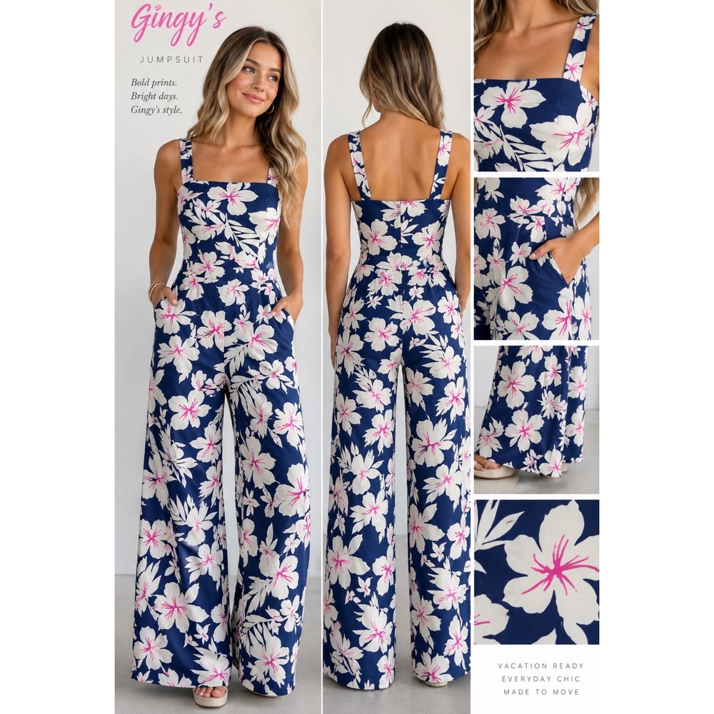 Gingy's XS Navy Hibiscus Floral Wide Leg Jumpsuit Pink Resortwear Boutique